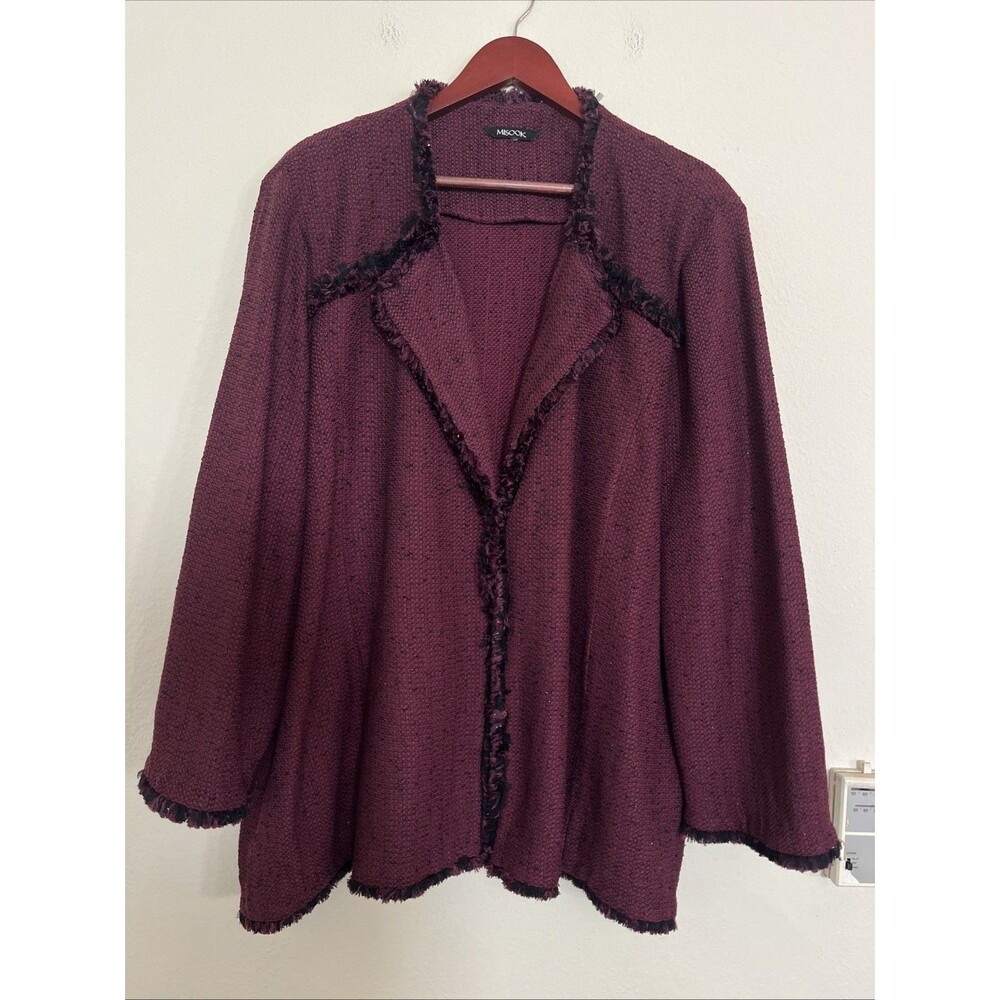 Misook Cardigan Sweater Burgundy Fringe Trim Women's Jacket SZ 3X